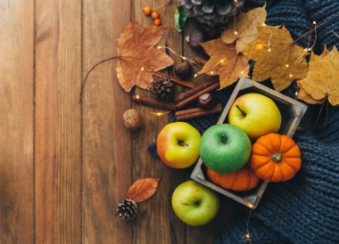 Sonbahar kompozisyon ahşap arka plan üzerinde. Elma, kabak ve yaprakları.