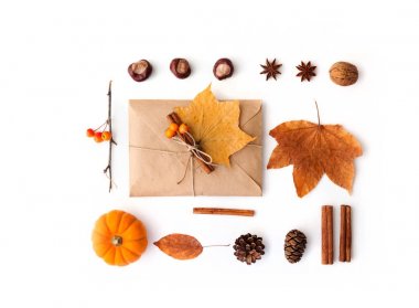 Beyaz arka plan üzerinde süslemeleri ile sonbahar kompozisyon