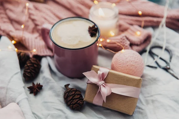 Cup Hot Coffee Wrapped Present Winter Cozy Mood Selective Focus — Stock Photo, Image