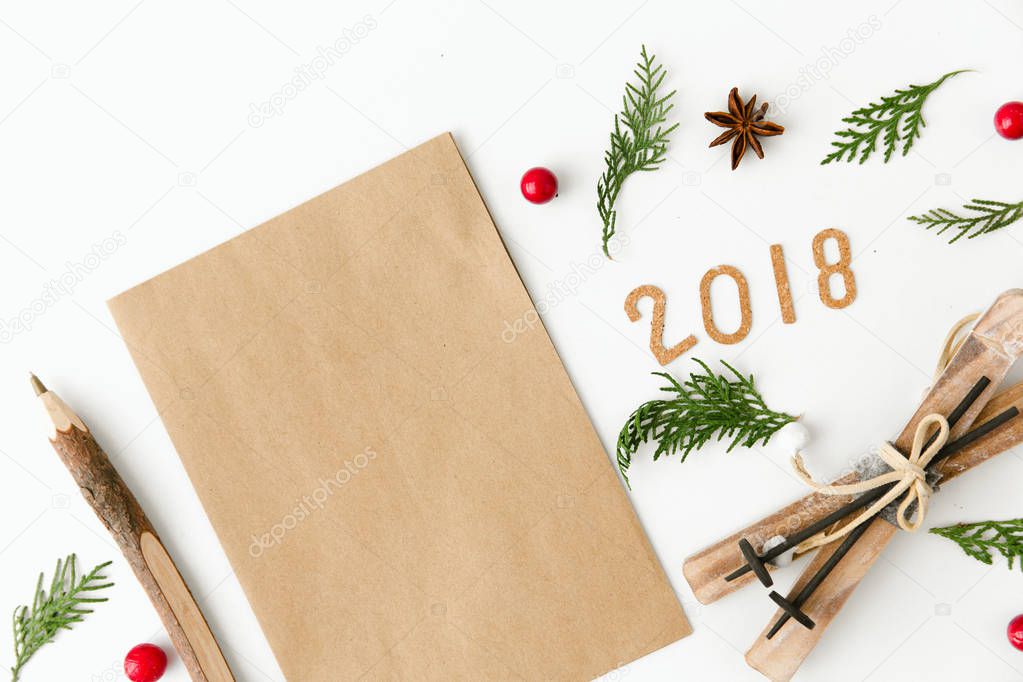 Creative Christmas Composition. Flat lay. Wish list or Goals concept with 2018
