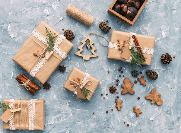Kreatív Diy Hobby Háttér Kézzel Készített Karácsonyi Ajándék Box Kézműves — Stock Fotó