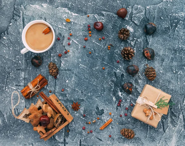 Vánoční Pozadí Craft Ručně Vyráběné Vánoční Této Dárkové Krabičky Kávou — Stock fotografie