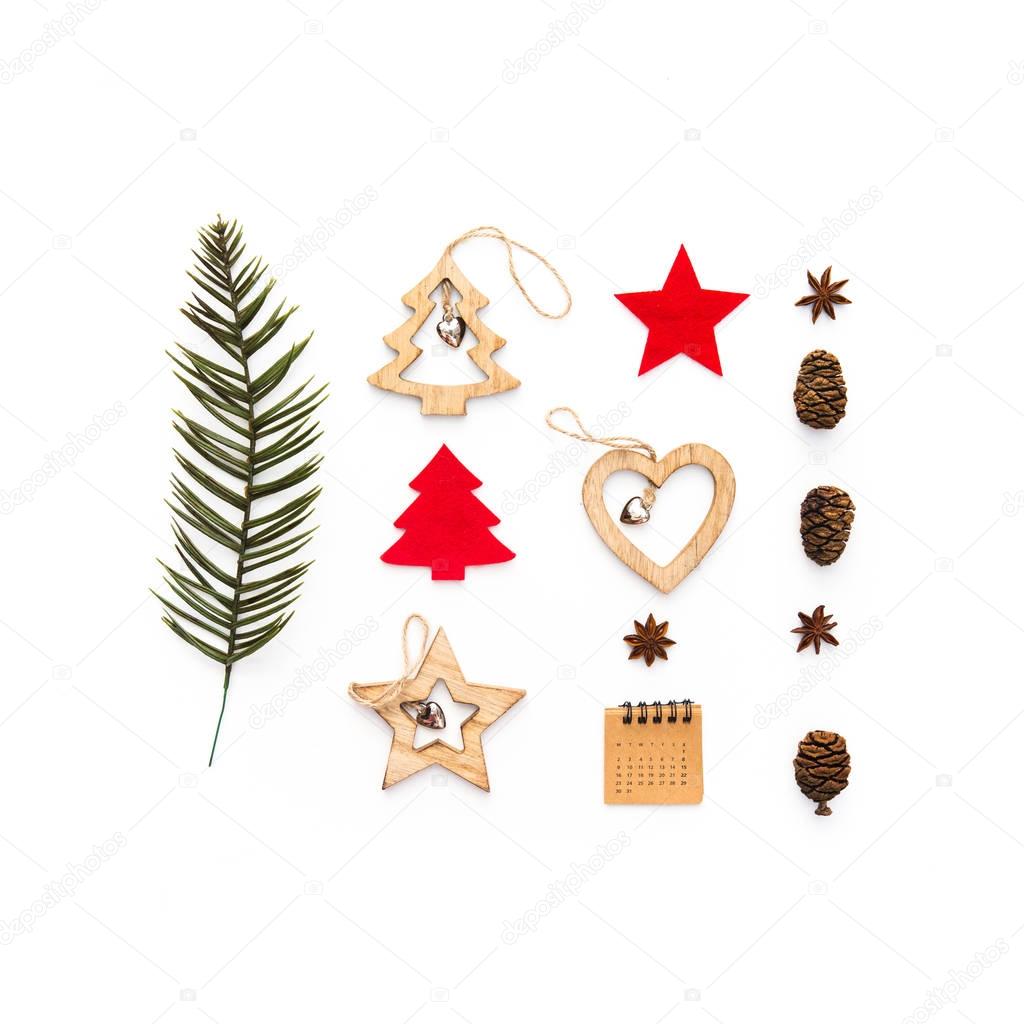 Christmas decorations and objects for mock up template design.View from above. Flat lay