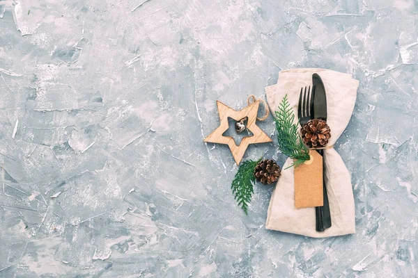 Rustic Christmas Table setting. Top view, copy space