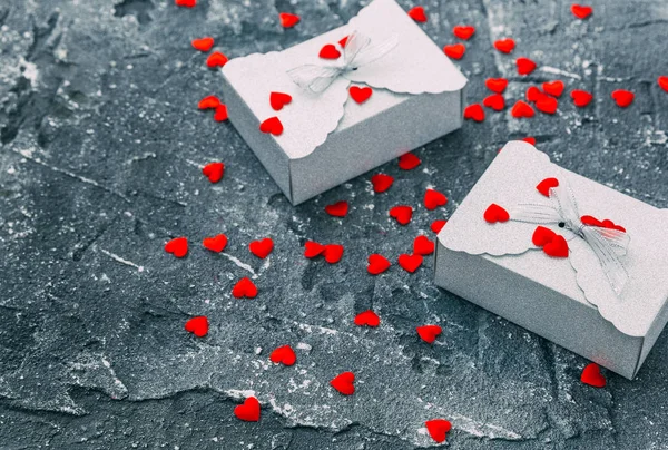 Feliz Dia Dos Namorados Corações Vermelhos Com Caixas Presente — Fotografia de Stock