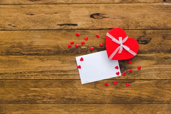 Blank Valentines Greeting Card Small Red Gift Box Wooden Table — Stock Photo, Image