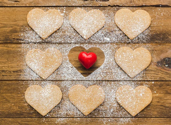 Plätzchen Mit Herz Zum Valentinstag Ansicht Von Oben Hintergrund Der — Stockfoto