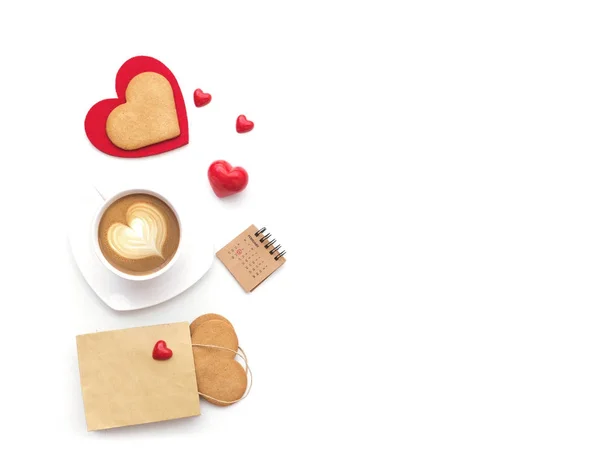 Composition Saint Valentin Biscuits Forme Coeur Avec Tasse Café Calendrier — Photo