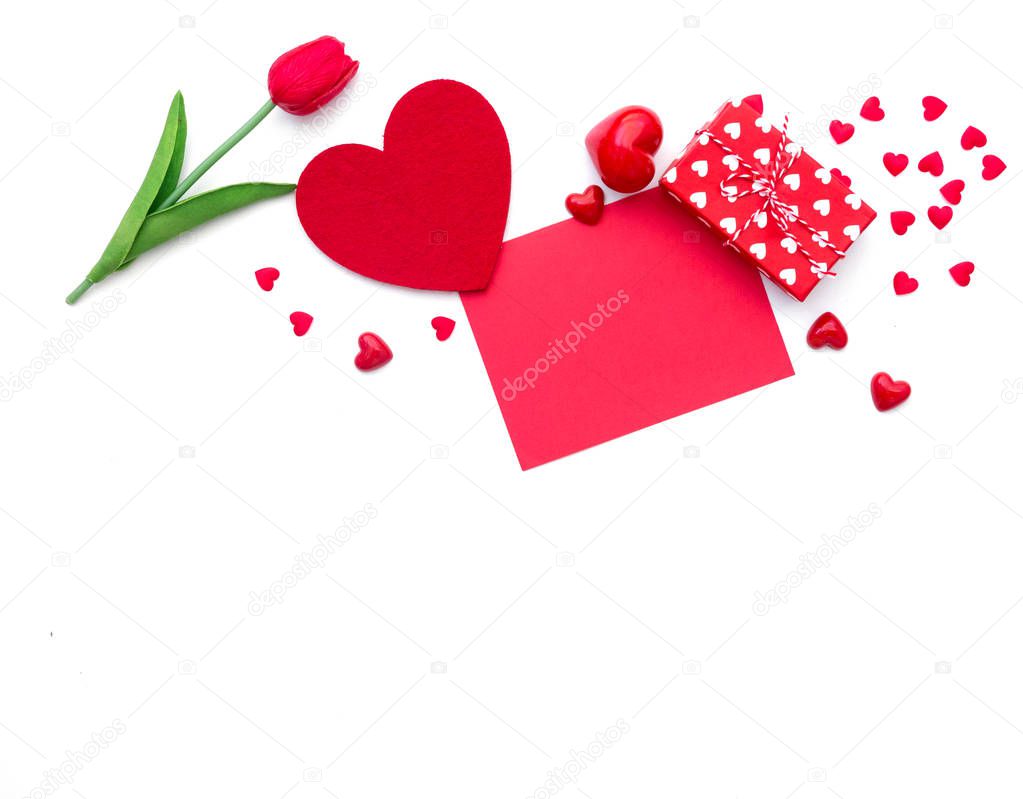 Background Valentine's Day. Gift box, rose and hearts isolated on white
