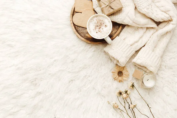 Warm sweater, coffee and dried flowers at white background. Cozy vintage. Flat lay, top view — Stock Image Warm Sweater Coffee Dried Flowers White Background Cozy Vintage Flat Royalty Free Stock Images