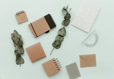 Yumuşak Pastel tarz Resepsiyon sahneleri ile farklı dizüstü bilgisayarlar, yeşil yaprakları ve sağlar. Düz yatıyordu 