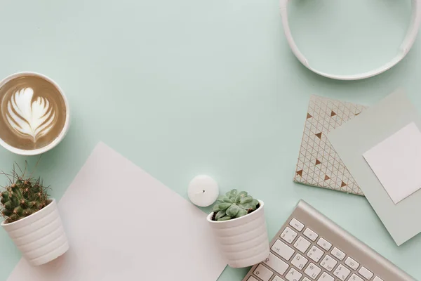 Modern Pastel Hipster Flat Lay White Elements Keyboard Empty Blank — Stock Photo, Image