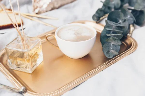 Gold Tray Coffee Eucalyptus Styled Luxury Morning — Stock Photo, Image