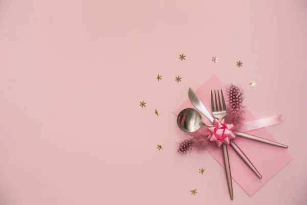 Top View Party Silverware Fork Knife Spoon Pink Background Glamour — Stock Photo, Image