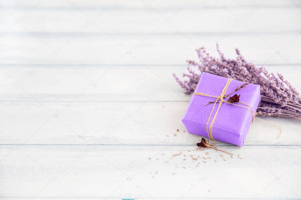 Gift box ultra violet color with lavender. Background Trendy 2018 Color.