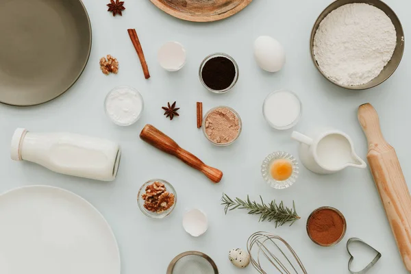 Back Oder Kochhintergrund Rahmen Zutaten Küchenutensilien Zum Kuchenbacken Küchenutensilien — Stockfoto