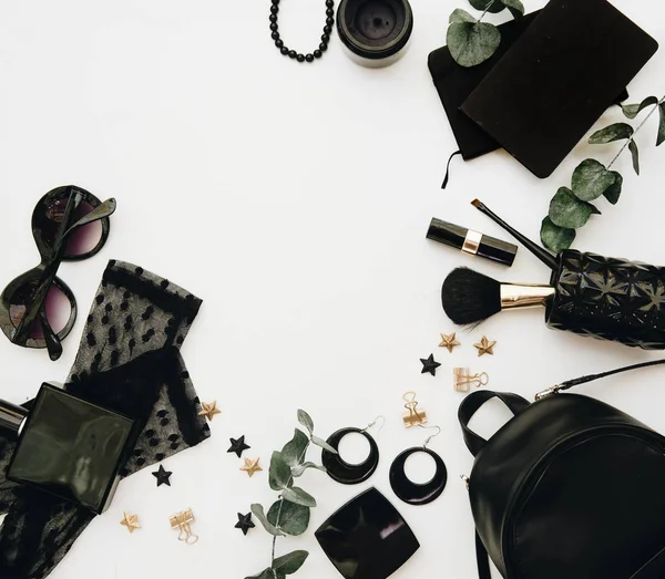 Flat Lay Fashion Accesorii Negre — Fotografie, imagine de stoc