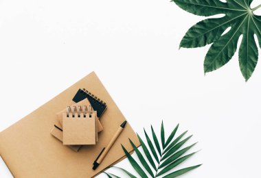 En az ofis resepsiyon masası kırtasiye seti, sarf malzemeleri ve palm ile bırakır. Üstten Görünüm kopya alanı ile yaratıcı düz yatıyordu.