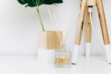 İskandinav modern oturma odası masa lambası, eve koku ve tropikal yaprak. Minimal tasarım