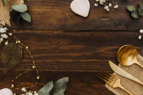 Flat Lay Composizione Con Boho Decorazioni Nuziali Sfondo Legno Vista — Foto Stock