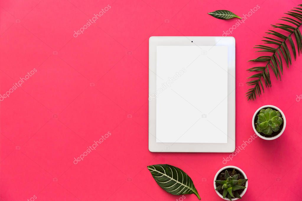 Minimal flat lay with tablet, plants and tropical leaves on pastel background for copy space. top view