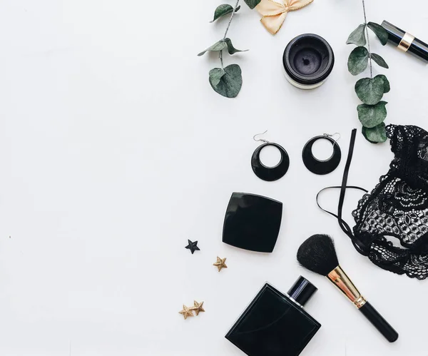 Black Female Accessories Flat Lay Fashion Background — Stock Photo, Image