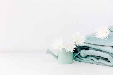 Turkuaz battaniye ile tencerede beyaz çiçekler bahar. Natürmort kavramı. Kopya alanı 