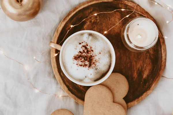 Flat Lay Morning Feminine Composition Instagram Style Cup Coffee Cookies — Stock Photo, Image