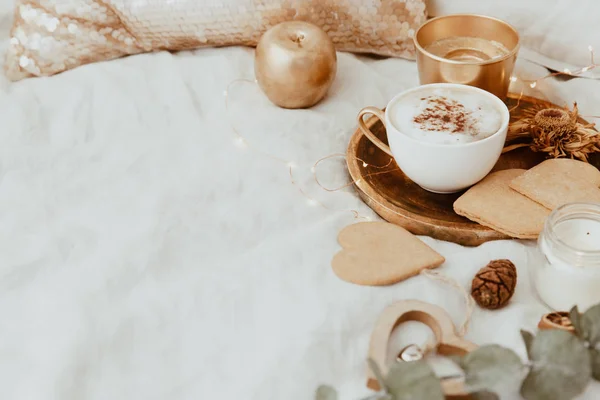 Good Morning Cozy Still Life Background Coffee Cup Cookies Bed — Stock Photo, Image