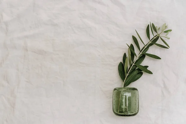 Olive Branches Glass Bottles Linen Tablecloth Manimalism — Stock Photo, Image