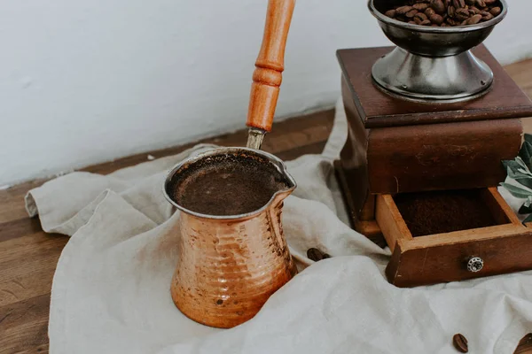 Turkish Coffee Pot Mill Linen Napkin Rural Rustic Background — Stock Photo, Image