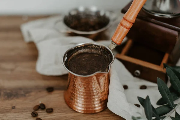 Fresh Turkish Coffee Copper Rural Scene — Stock Photo, Image
