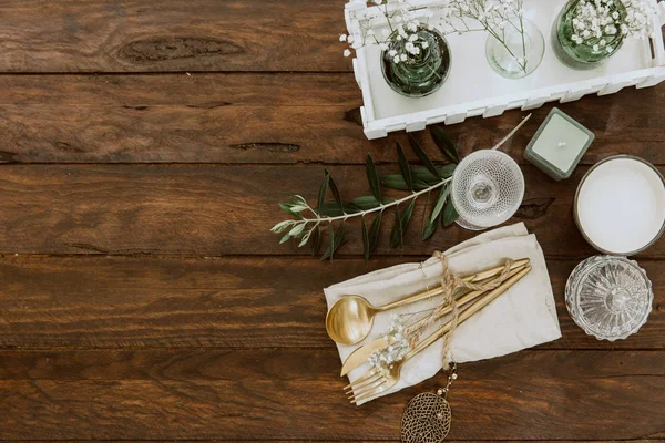 Rustikale Hochzeit Dekorierter Tisch Mit Altem Besteck Draufsicht Flache Lage — Stockfoto