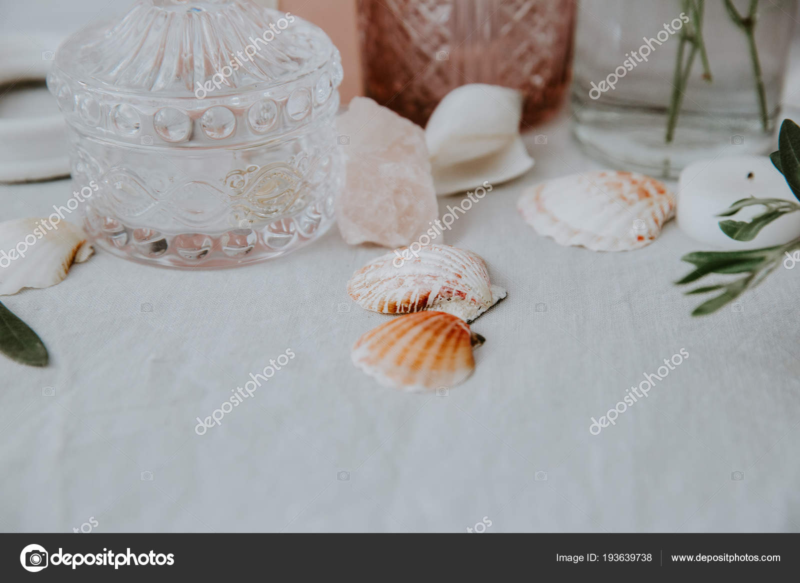 Seashells Vase Rustic Wedding Decorations Stock Photo