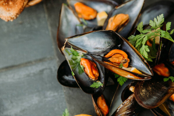 Boiled mussels  on  table. Top view.