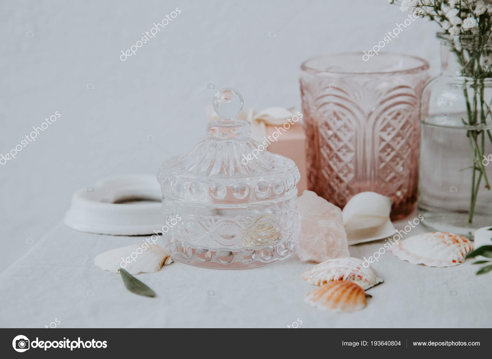 Seashells Vase Rustic Wedding Decorations Stock Photo