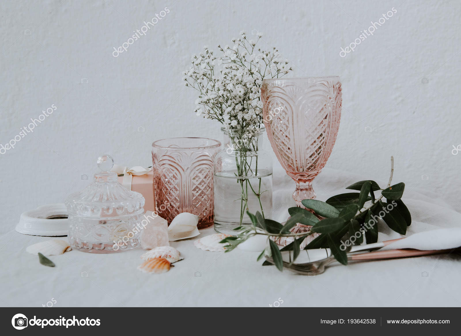 Seashells Vase Rustic Wedding Decorations Stock Photo