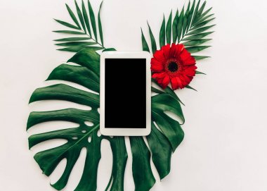 En az daire dijital tablet tropikal yaprak monstera üzerinde yatıyordu. Üstten Görünüm 