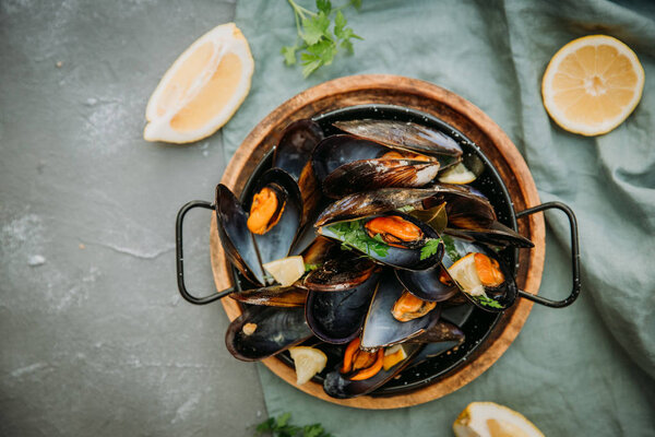 Boiled mussels  on  table. Top view.