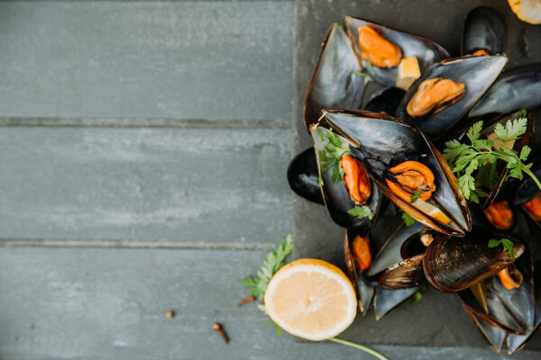 Boiled mussels  on  table. Top view.