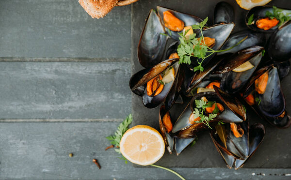 Boiled mussels  on  table. Top view.