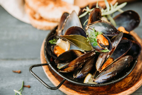 Boiled mussels  on  table. Top view.