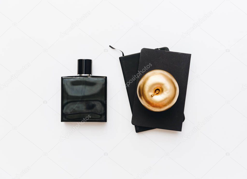 Flat lay woman accessories. Luxury items over white background