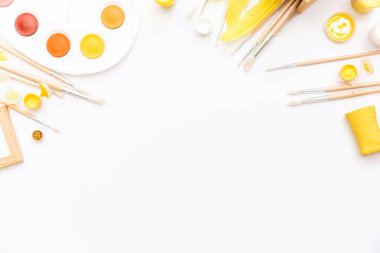 Sanatçı çalışma alanı boyalar, boya fırçaları, beyaz zemin üzerine sarı tüyleri ile