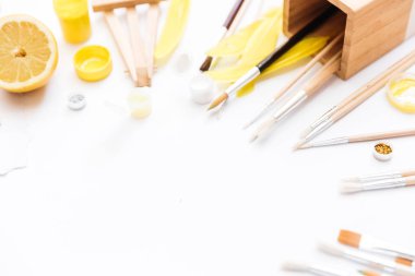 Sanatçı çalışma alanı boyalar, boya fırçaları, beyaz zemin üzerine sarı tüyleri ile