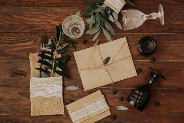 Cómo Hacer Invitación Boda Concepto Rústico Diy Artesanías Hechas Mano — Foto de Stock