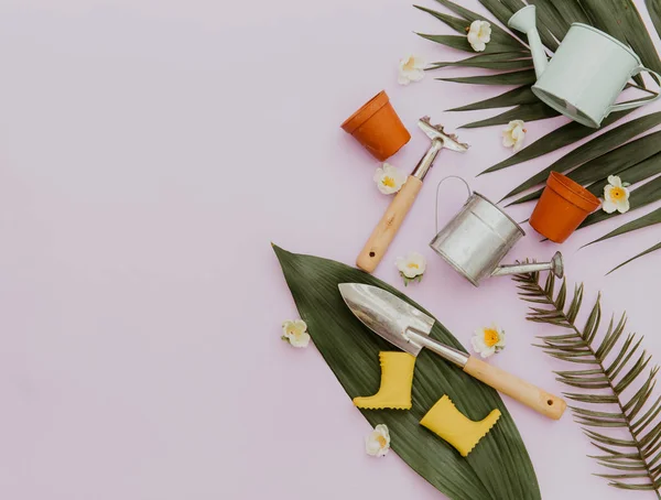 Güzel bahçe çiçek ve Bahçe aletleri ışık arka plan üzerinde