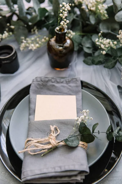 Flat lay meal background. Rustic style. Romantic holiday table setting. Empty plate with decorations. Restaurant concept.