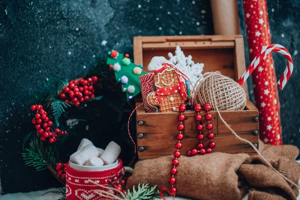 Caixa Natal Com Decorações Fundo Férias Inverno — Fotografia de Stock