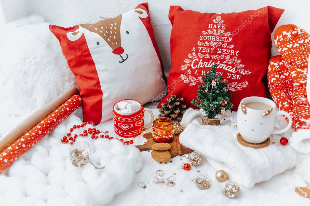 Christmas still life background with festive decor, in a cozy home atmosphere . The concept of celebrating New year and Christmas